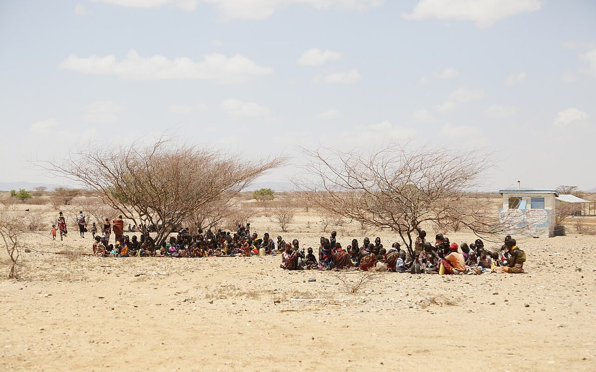 A wide view of people sheltering under thorn trees at a health clinic in a dry landscape in Turkana, Kenya